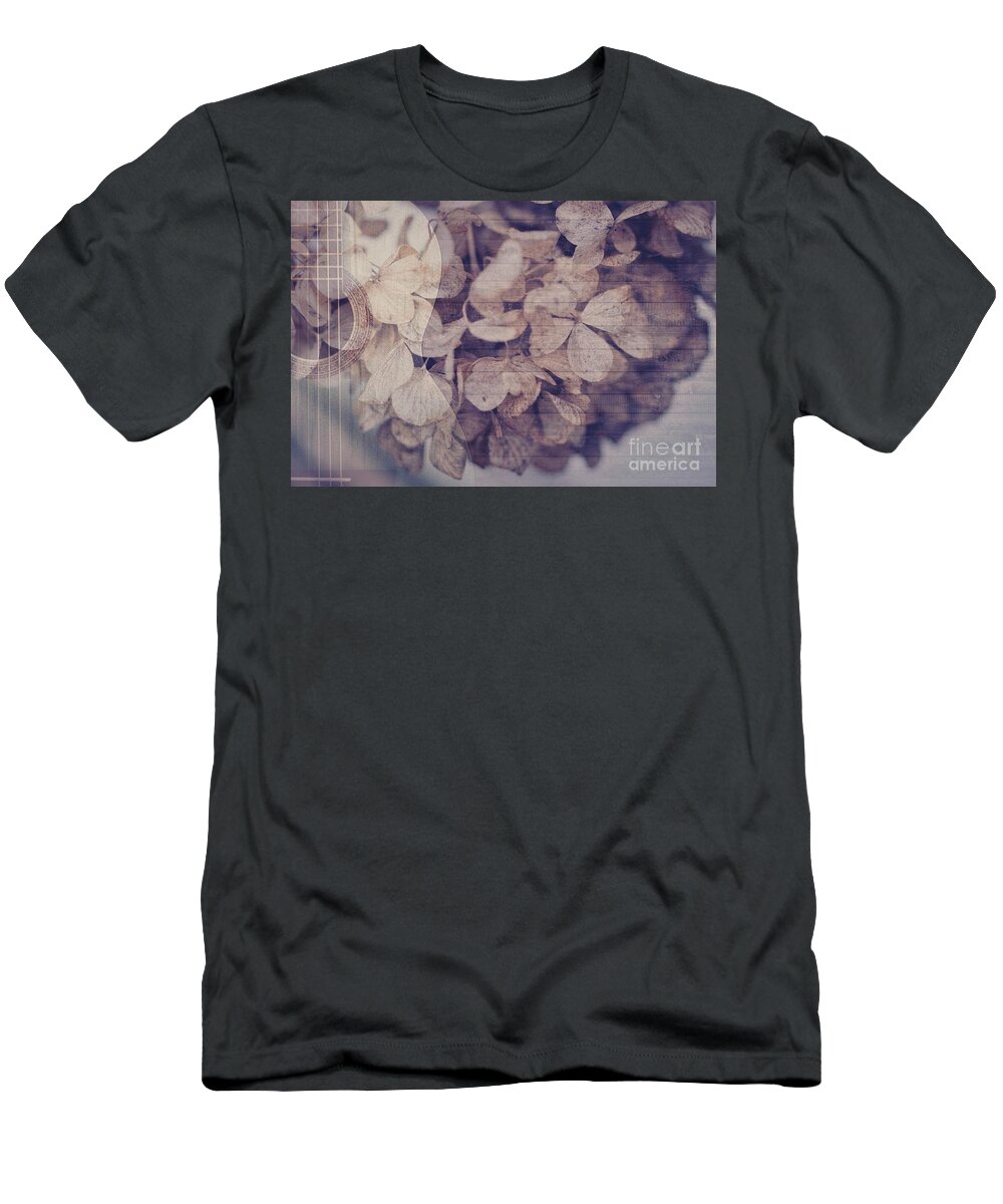 Hydrangeas T-Shirt featuring the mixed media Playing Last Year's Music by Sherry Hallemeier