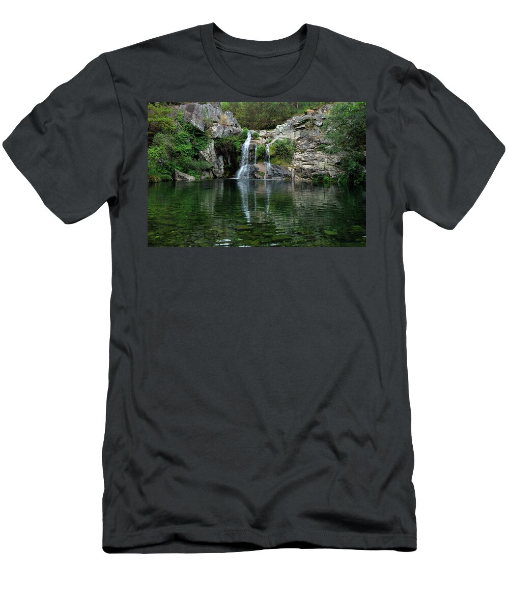 Waterfall T-Shirt featuring the photograph Poco Negro waterfall scenery in Carvalhais by Angelo DeVal