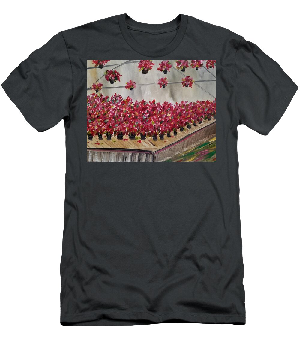 Poinsettia T-Shirt featuring the painting Poinsettia Greenhouse by Judith Rhue