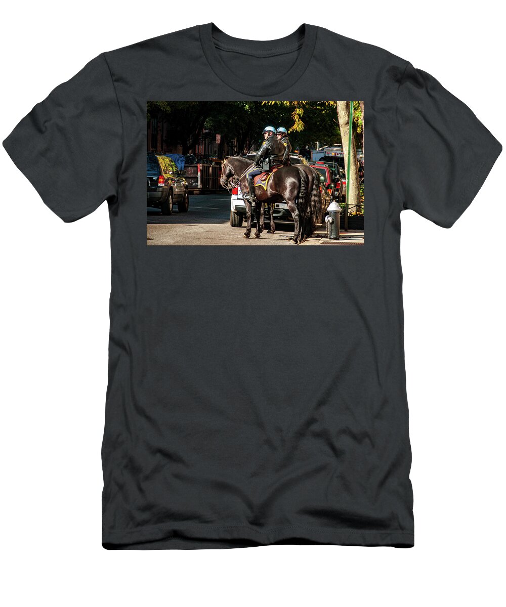 Chelsea T-Shirt featuring the photograph Police on Horse Back in NYC by Louis Dallara