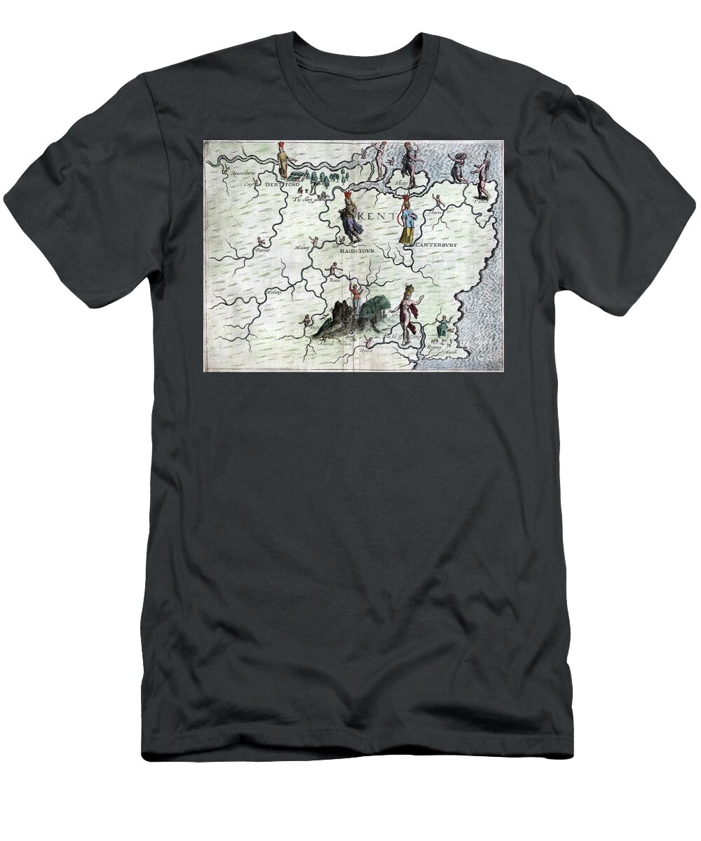 1622 T-Shirt featuring the drawing Poly-Olbion - Map of Kent, England by Michael Drayton