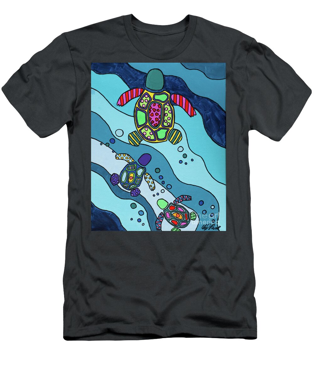 Pop Art T-Shirt featuring the painting Family of Pop Art Turtles aka Steves by Elena Pratt