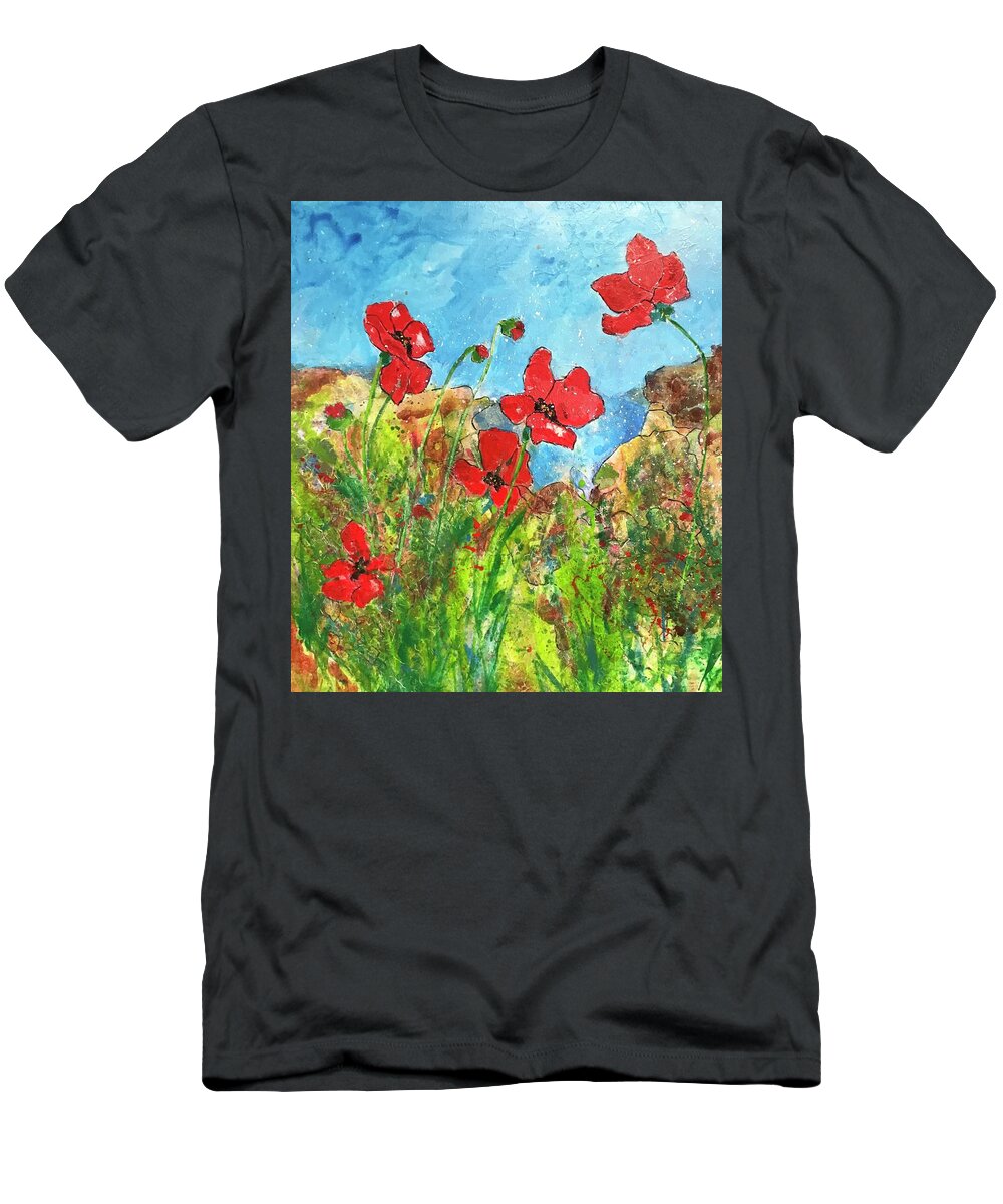 Poppies T-Shirt featuring the painting Poppies by the Sea II by Elaine Elliott