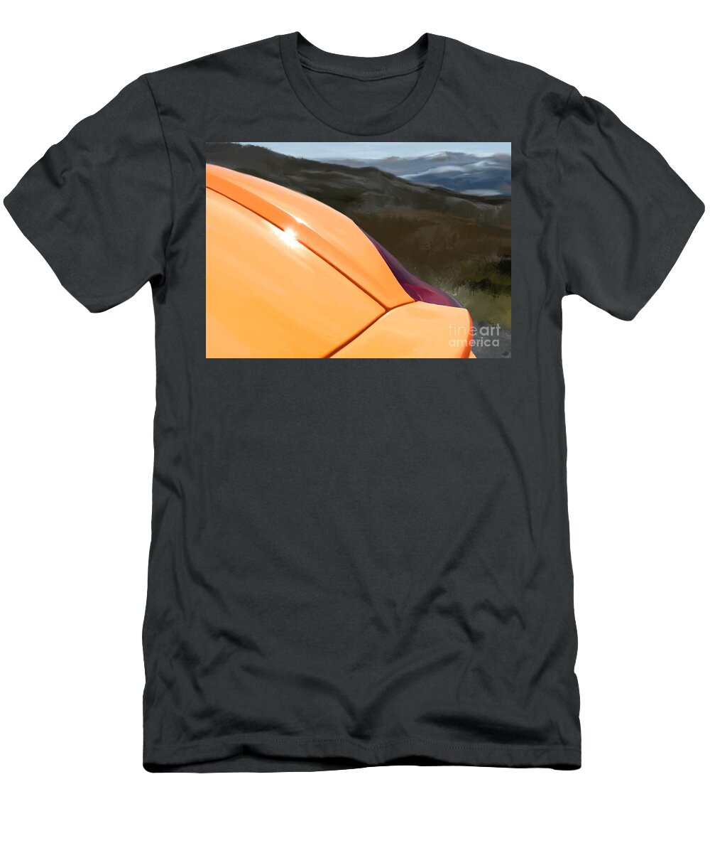 Hand Drawn T-Shirt featuring the digital art Porsche Boxster 981 Curves Digital Oil Painting - Tangerine Dream Orange by Moospeed Art