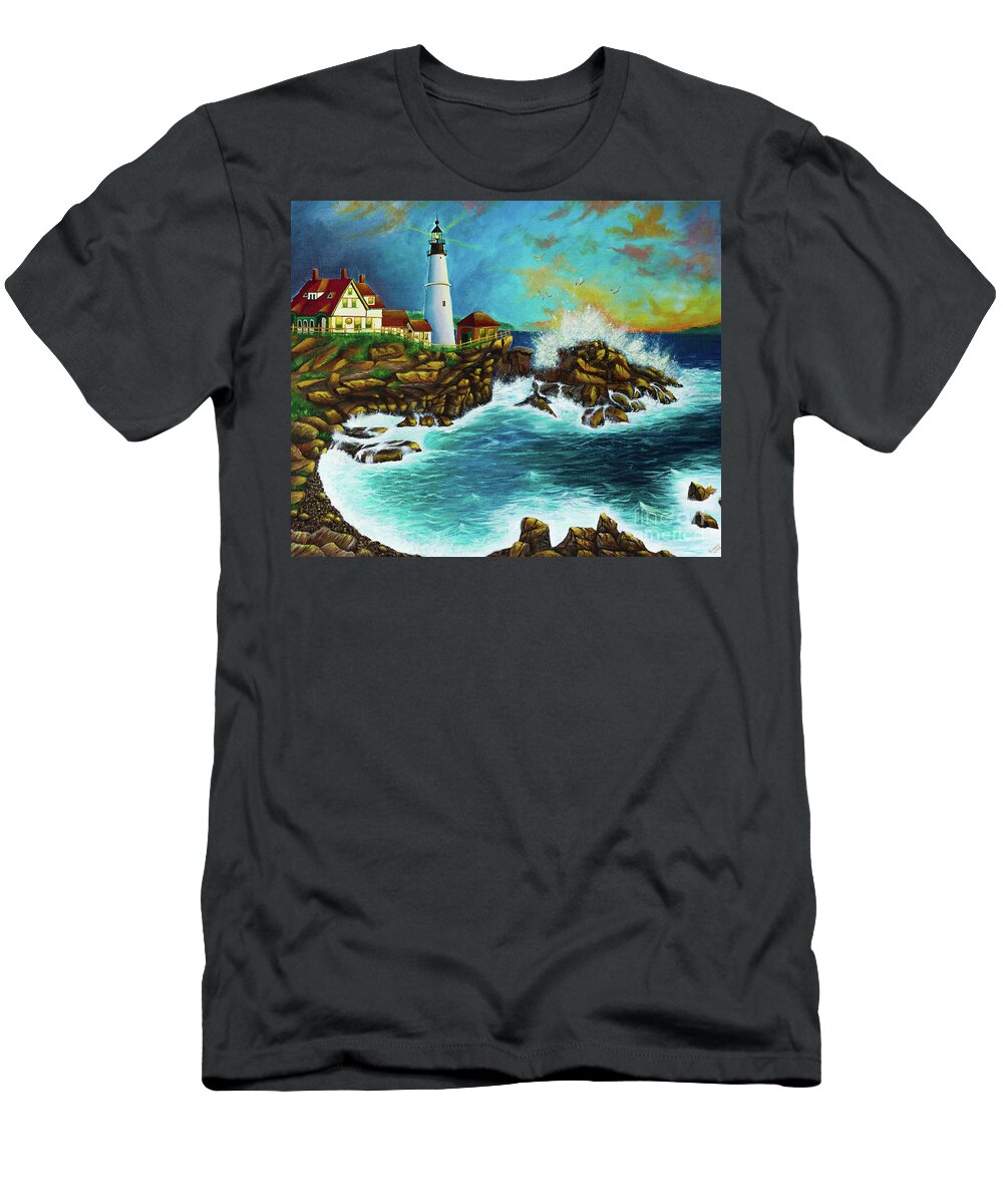 Seascape T-Shirt featuring the painting Portland headlight by Sudakshina Bhattacharya