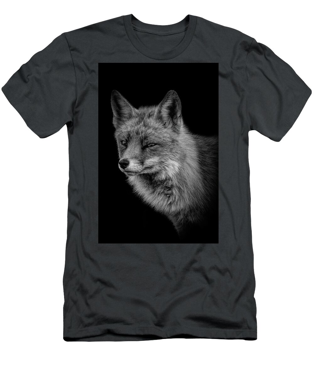 Fox T-Shirt featuring the photograph Portrait fox black an white by Marjolein Van Middelkoop