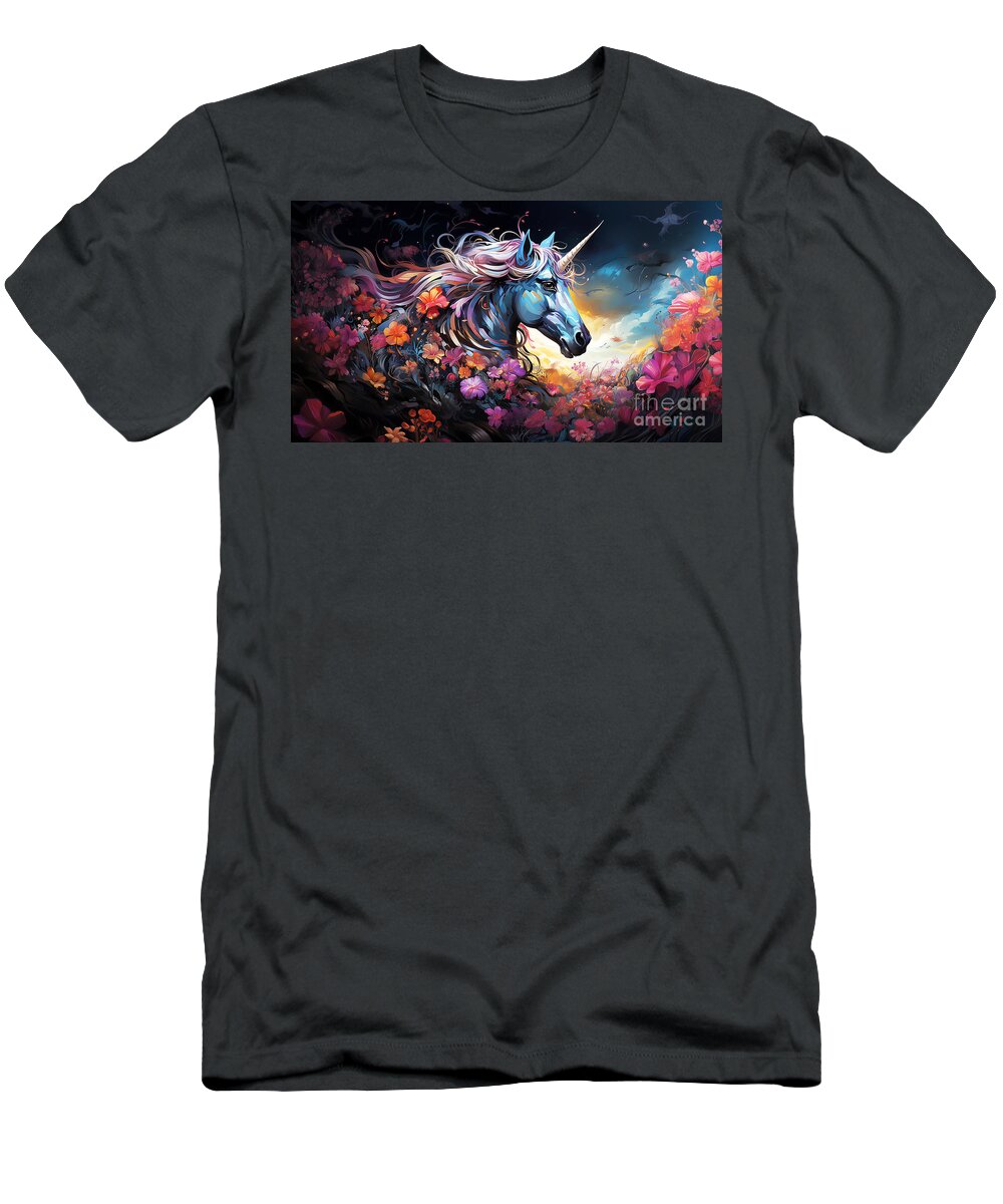 Unicorn T-Shirt featuring the digital art Portrait of a unicorn surrounded by a field of flowers. by Odon Czintos