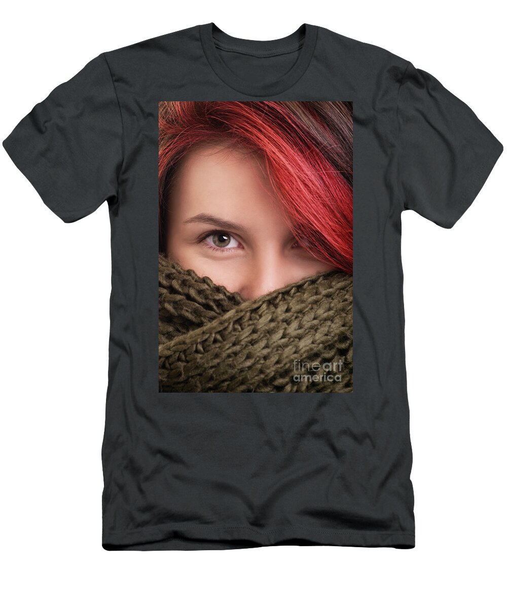 Girl T-Shirt featuring the photograph Portrait of a young girl wearing scarf by Mendelex Photography