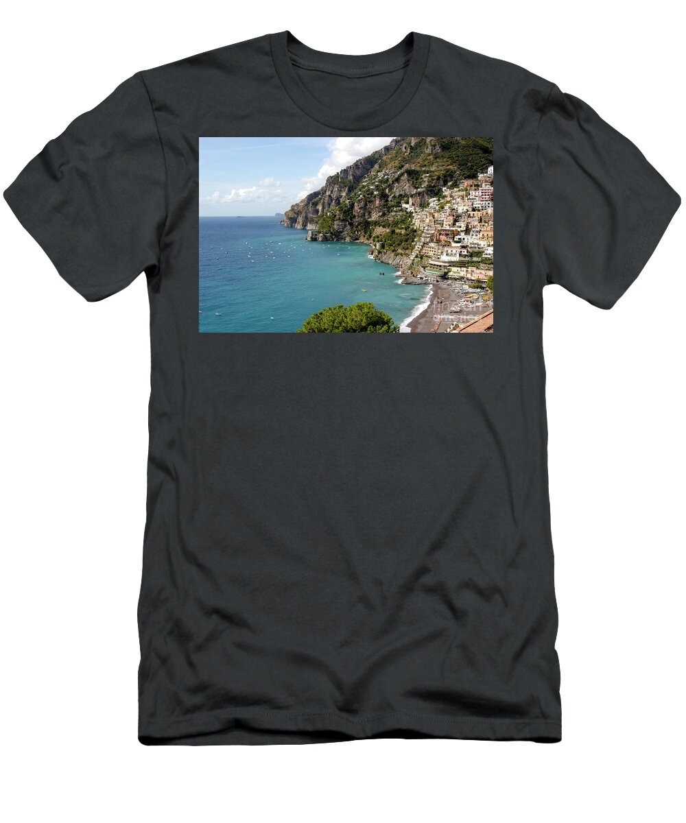  Positano T-Shirt featuring the photograph Positano on the Amalfi coastline with crystal blue ocean views by Gunther Allen