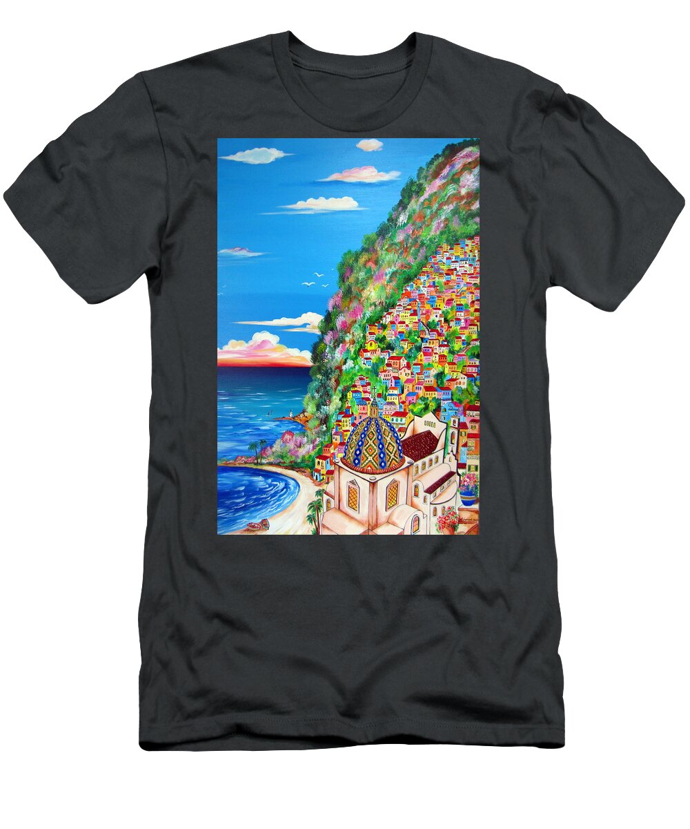 Positano T-Shirt featuring the painting Positano Village in Italy by Roberto Gagliardi