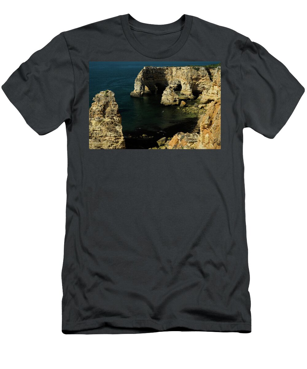 Algarve T-Shirt featuring the photograph Praia da Marinha Cliffs and Sea by Angelo DeVal