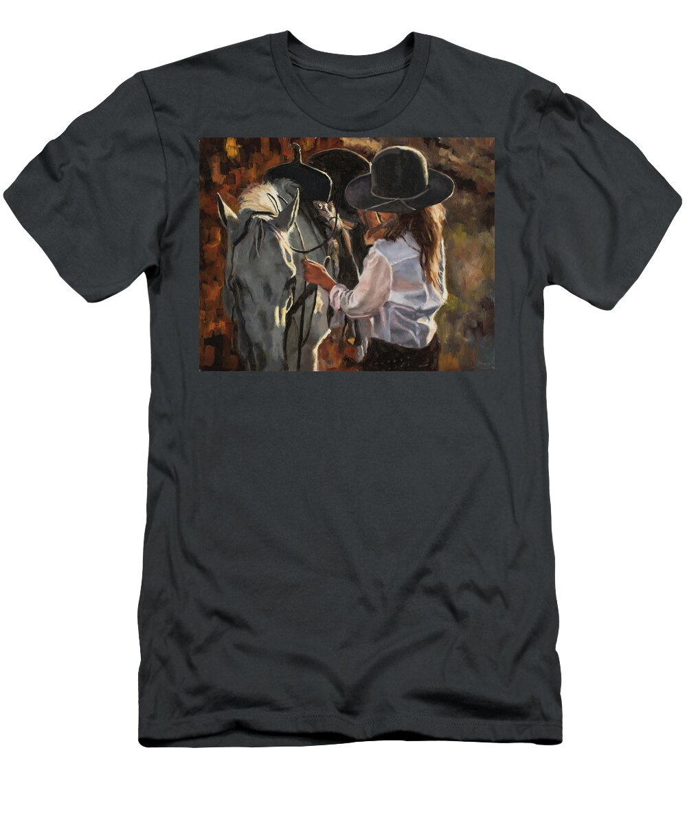 Cowgirl T-Shirt featuring the painting Prepping for a ride by Tate Hamilton