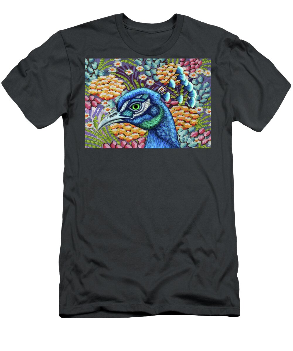 Peacock T-Shirt featuring the painting Proud Peacock Floral by Amy E Fraser