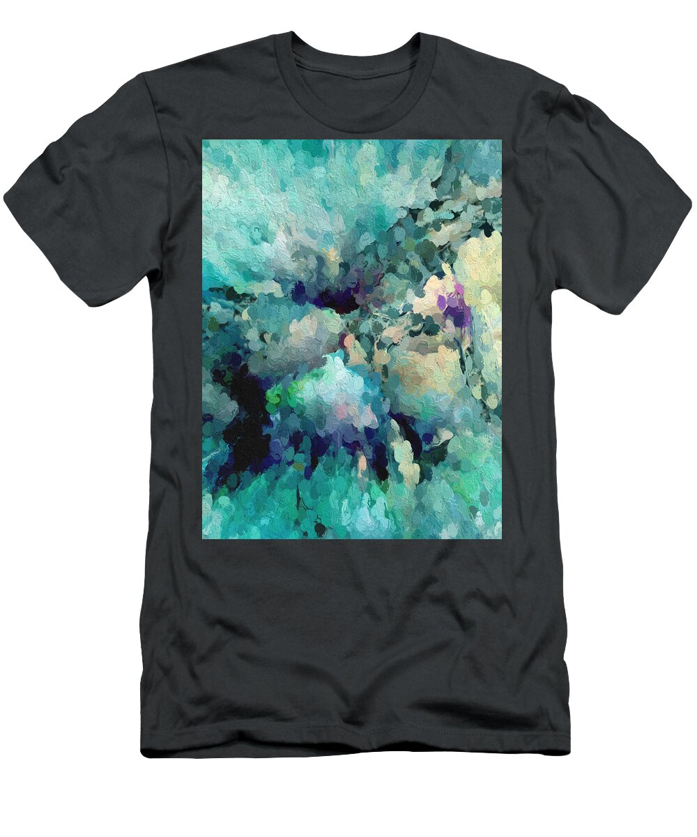 Abstract Turquoise Blue Green Black White Purple Beige Yellow T-Shirt featuring the digital art Psychotic Break by Kathleen Boyles