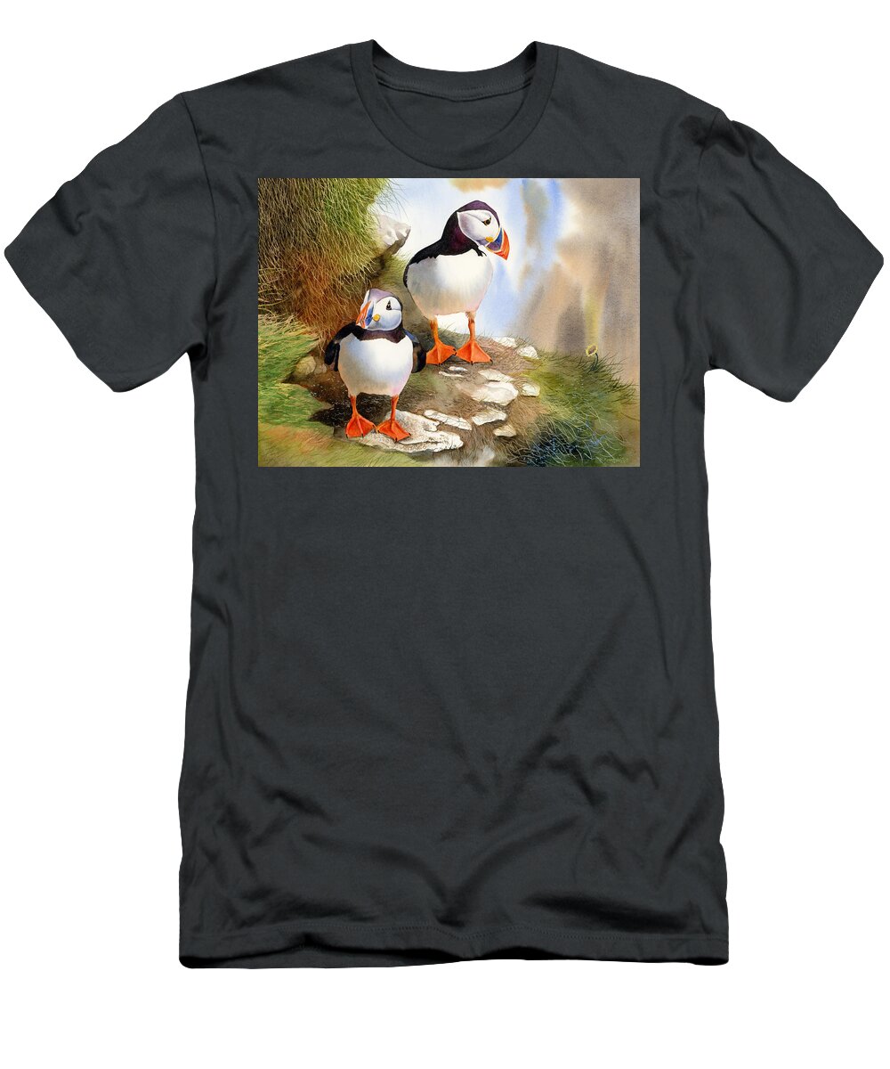 Puffins T-Shirt featuring the painting Puffins by Espero Art