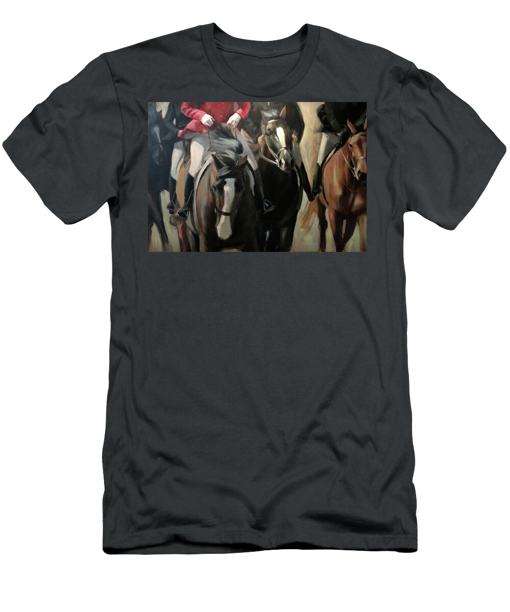 Horse Horses Foxhunt Animals Equestrian Oil Painting Contemporary T-Shirt featuring the painting Pulling on the rein by Susan Bradbury
