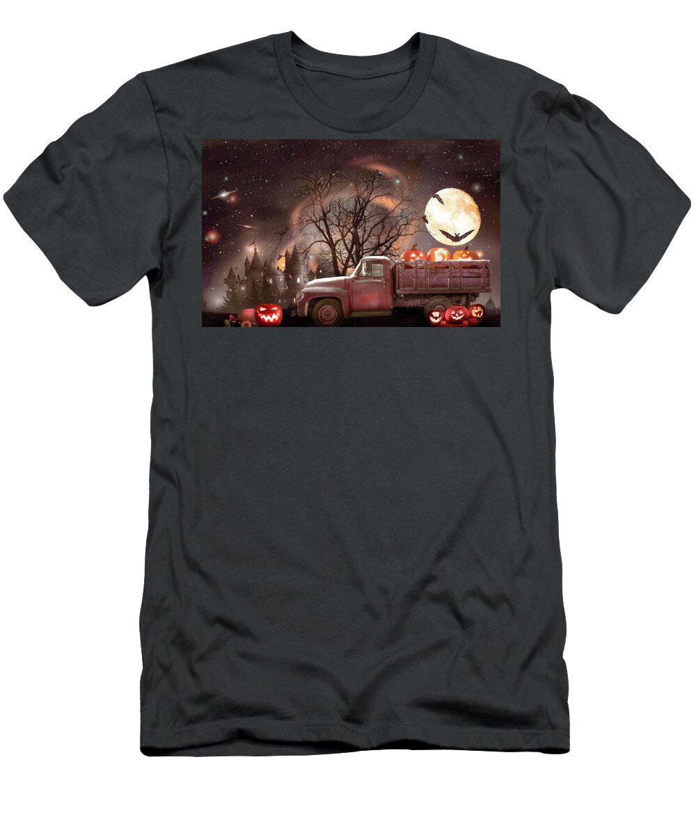 Truck T-Shirt featuring the photograph Pumpkins under the Halloween Country Moon by Debra and Dave Vanderlaan