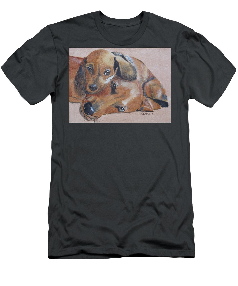 Pets T-Shirt featuring the painting Puppies Cuddling by Kathie Camara