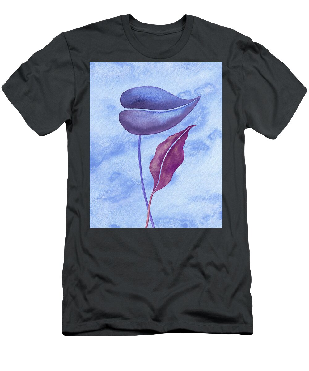 Purple T-Shirt featuring the painting Purple Exotic Leaves With Blue Watercolor Sky by Irina Sztukowski