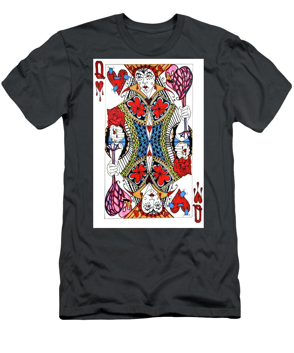 Queen Of Hearts T-Shirt featuring the drawing Queen Of Hearts Face Card by Jani Freimann
