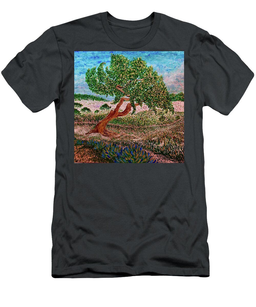 Santa Susana Pass T-Shirt featuring the painting Lapis blue. Foggy morning in Santa Susana Pass, Los Angeles. by ArtStudio Mateo
