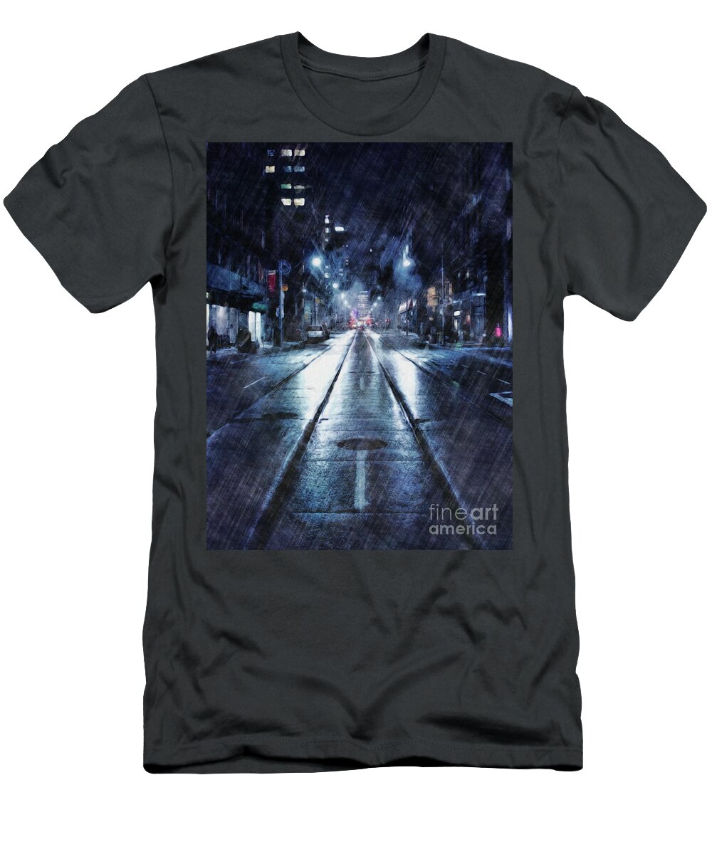 Weather T-Shirt featuring the digital art Rainy Night Downtown by Phil Perkins