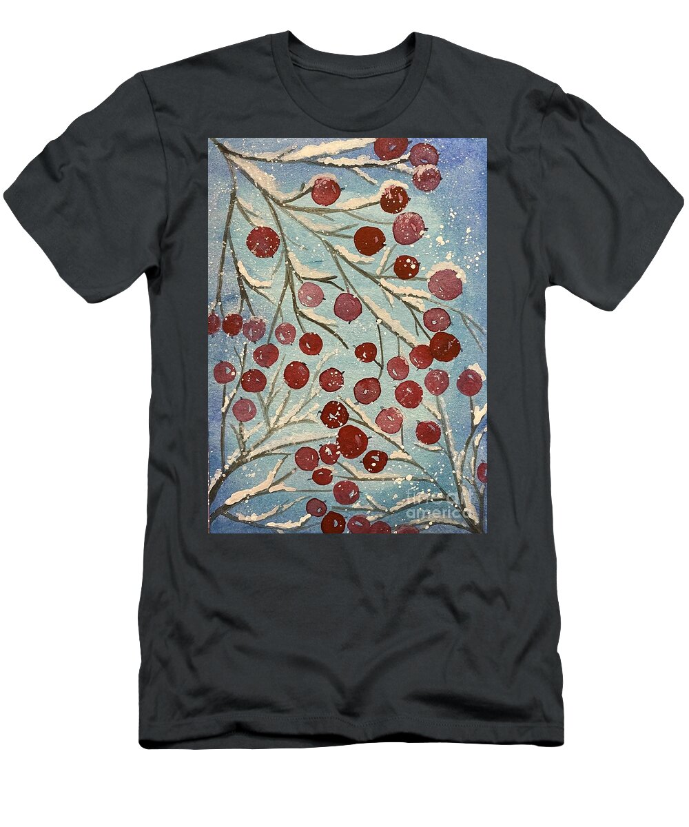 Red Berries T-Shirt featuring the painting Red Berries in Snow by Lisa Neuman