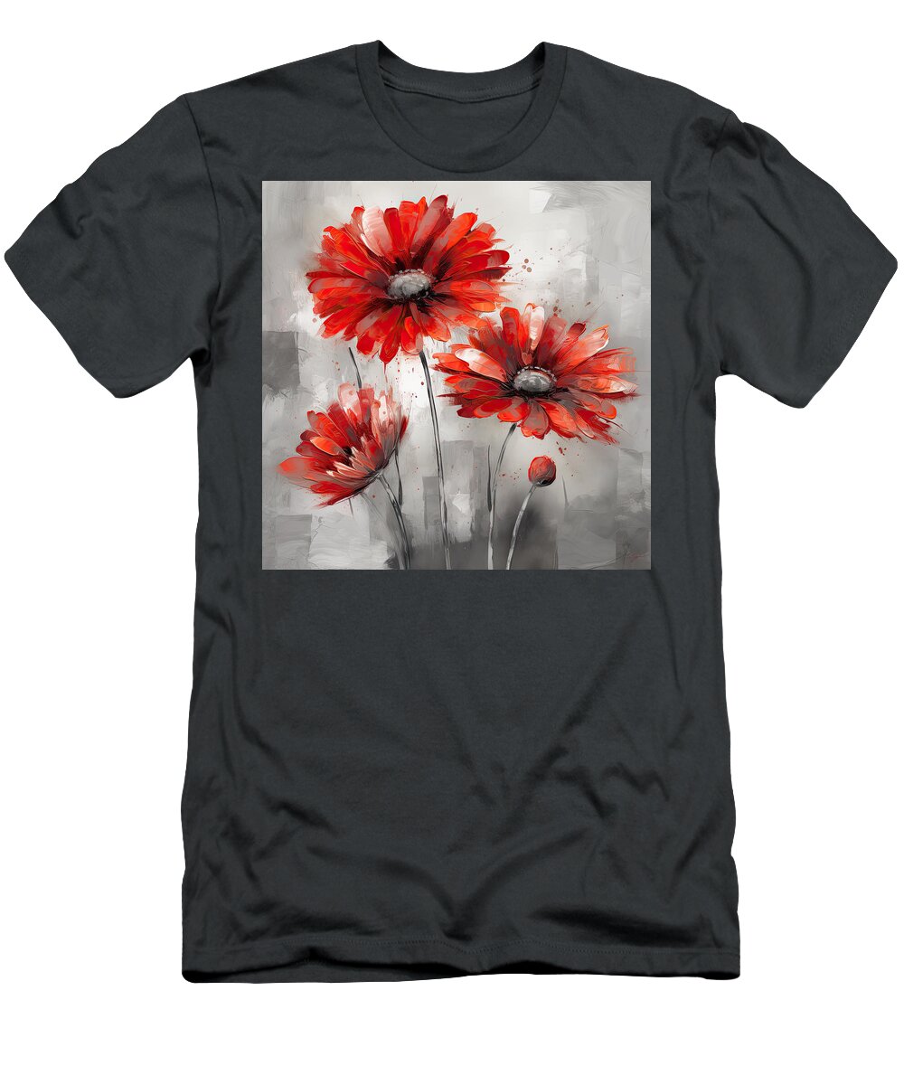 Red And Gray Art T-Shirt featuring the digital art Red Daisy Flowers Art by Lourry Legarde