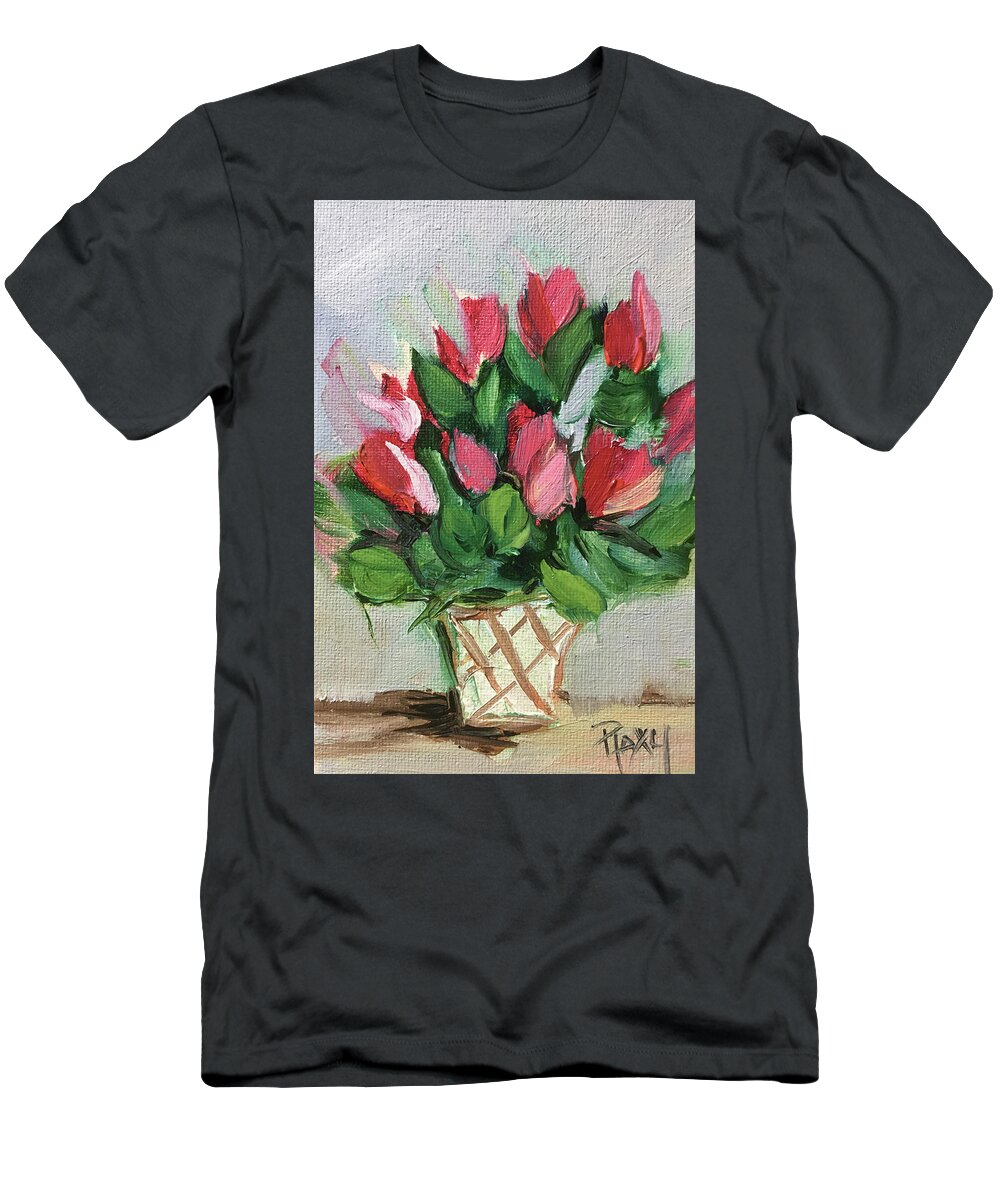 Flowers T-Shirt featuring the painting Red Flowers in a White Basket by Roxy Rich