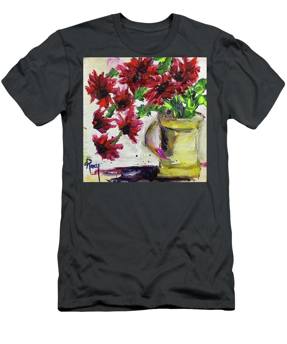 Red Flowers T-Shirt featuring the painting Red Flowers in a Yellow Pitcher by Roxy Rich