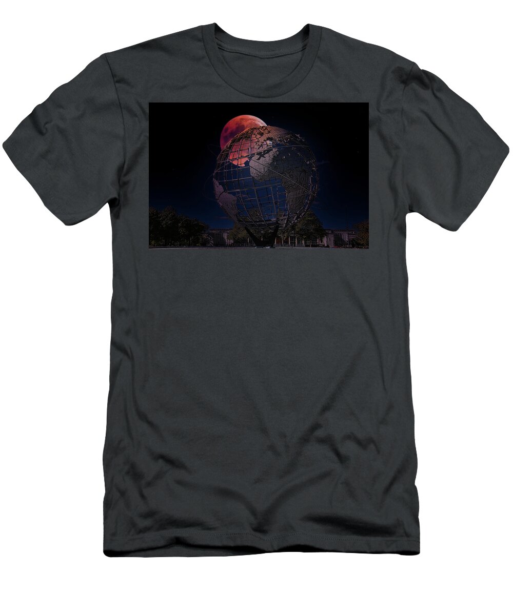 Unisphere T-Shirt featuring the photograph Red Moon Glow over Unisphere Queens NY Night Moods by Chuck Kuhn