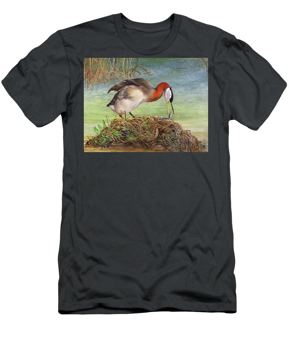Red-necked Grebe T-Shirt featuring the painting Red-necked Grebe at Nest by Barry Kent MacKay