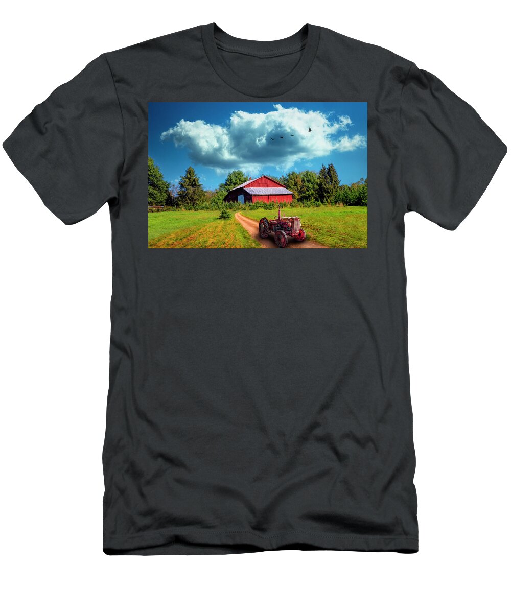 Barn T-Shirt featuring the photograph Red Tractor on the Farm Trail by Debra and Dave Vanderlaan