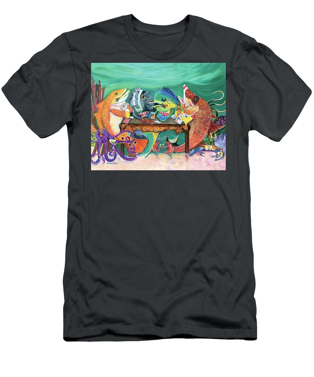 Redfish T-Shirt featuring the painting Redfish Poker Night at the Reef Bar by Linda Kegley