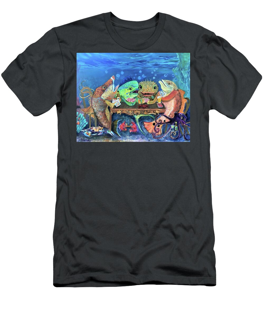 Redfish T-Shirt featuring the painting Redfish Poker Time at the Reef Bar by Linda Kegley