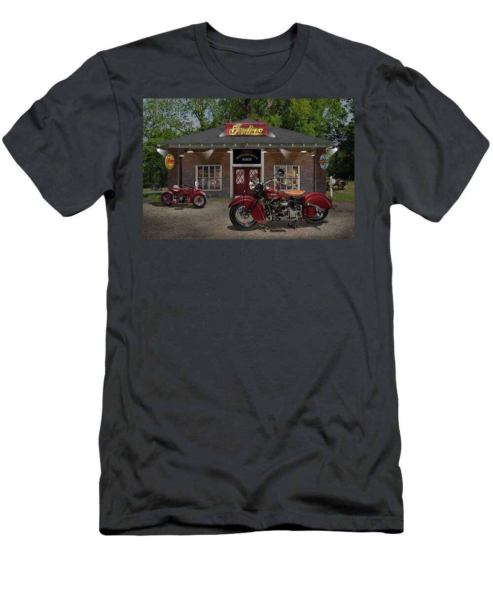 Indian Motorcycles T-Shirt featuring the photograph Reds Motorcycle Shop C by Mike McGlothlen
