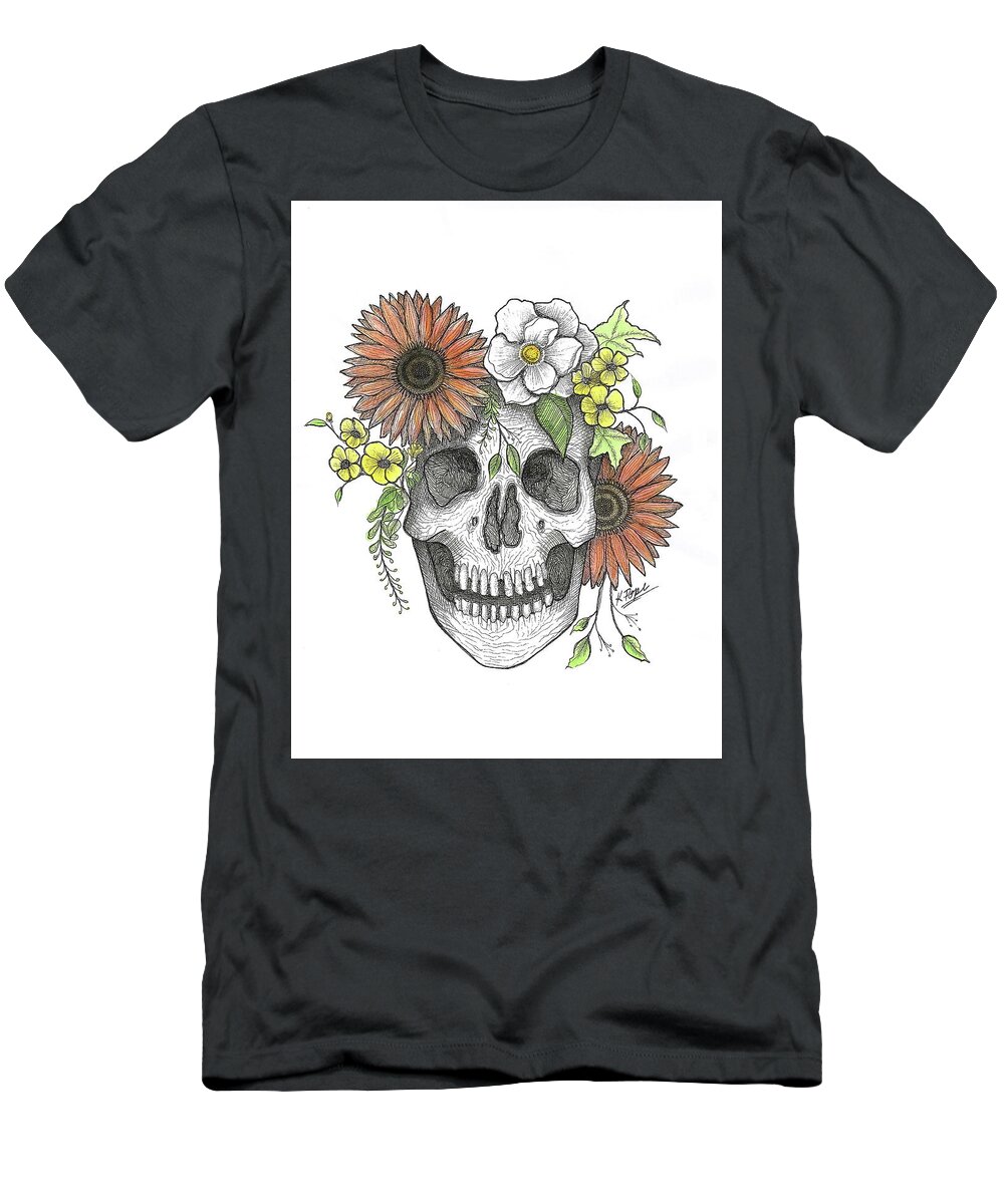 Skull T-Shirt featuring the painting Regal Blossoms Crowned Skull FALL COLORS by Kenneth Pope