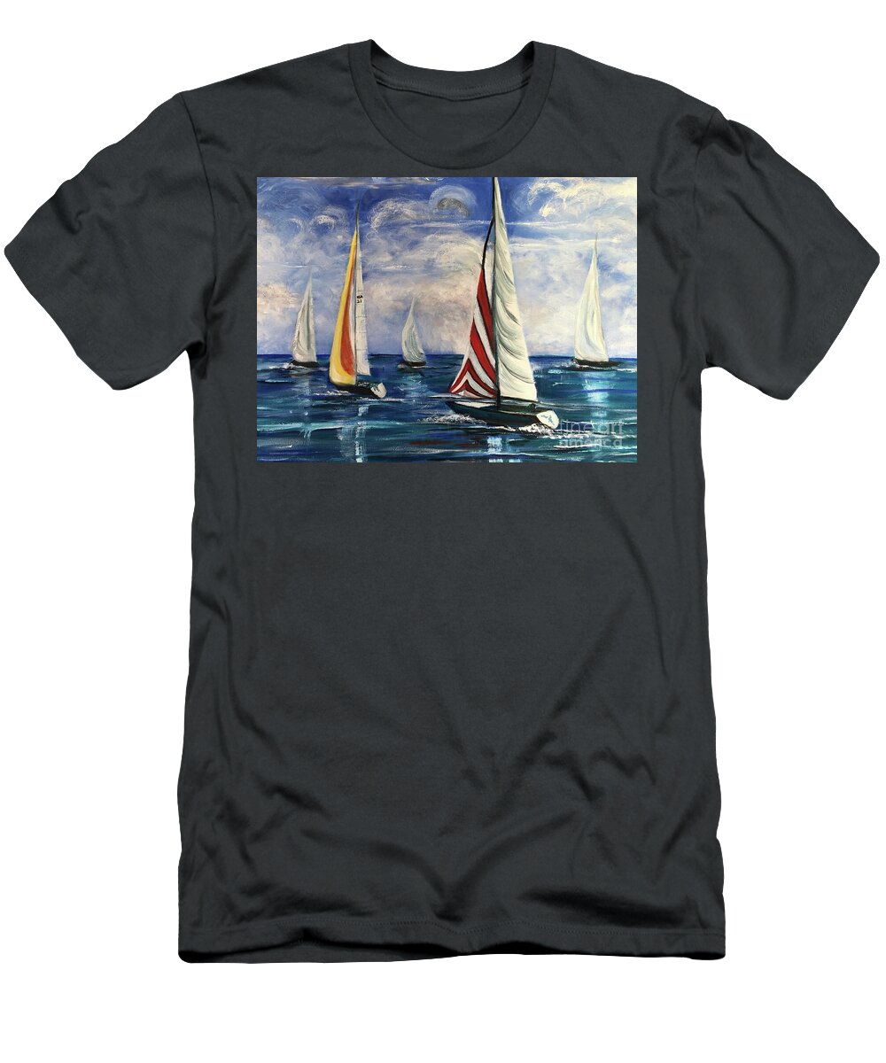 Sailing Yachts T-Shirt featuring the painting Regatta of Sailing Yachts ... Delray 2021 by Catherine Ludwig Donleycott
