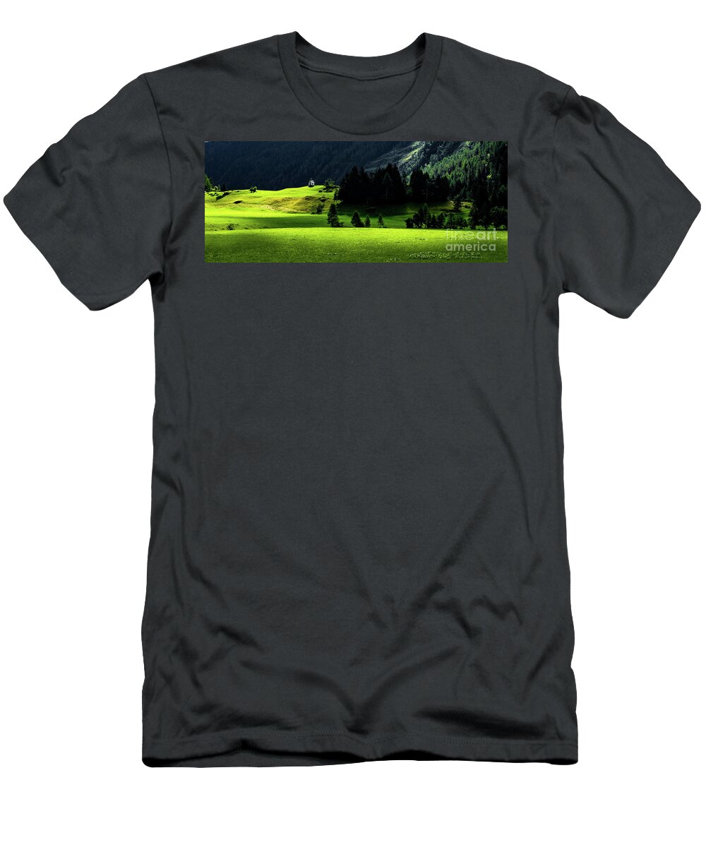 Abandoned T-Shirt featuring the photograph Remote Chapel In Rural Landscape At Mountain Grossvenediger In Tirol In Austria by Andreas Berthold