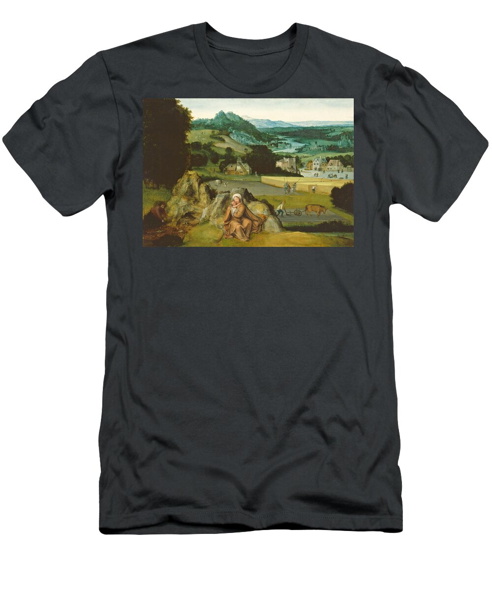 Joachim Patinir T-Shirt featuring the painting Rest on the Flight into Egypt and the Miraculous Field of Wheat by Joachim Patinir