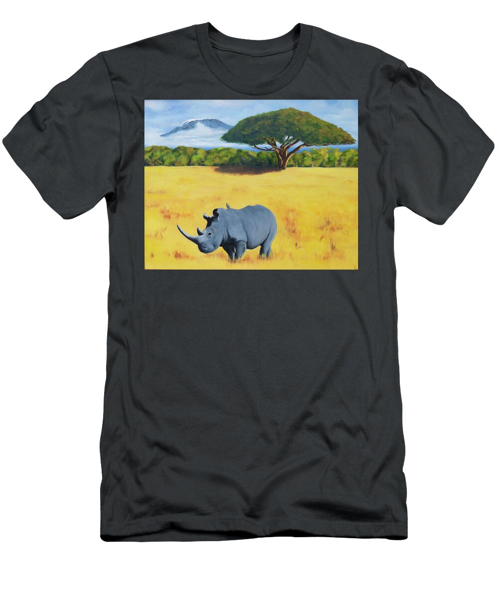 Kilimanjaro T-Shirt featuring the painting Rhino and Kilimanjaro by Tracy Hutchinson
