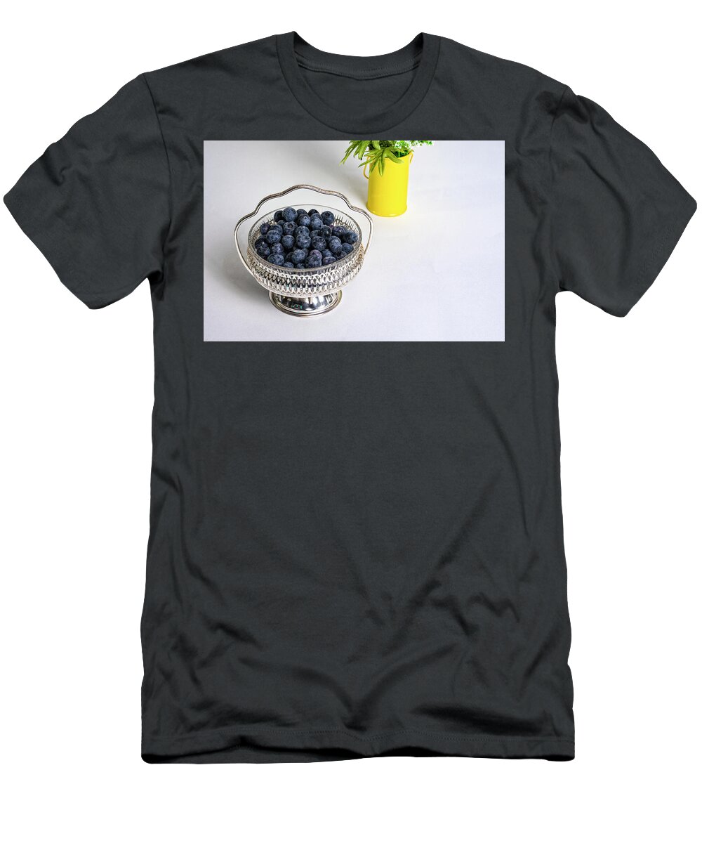 Tabletop T-Shirt featuring the photograph Ripe Blueberries in Silver Bowl by Charles Floyd