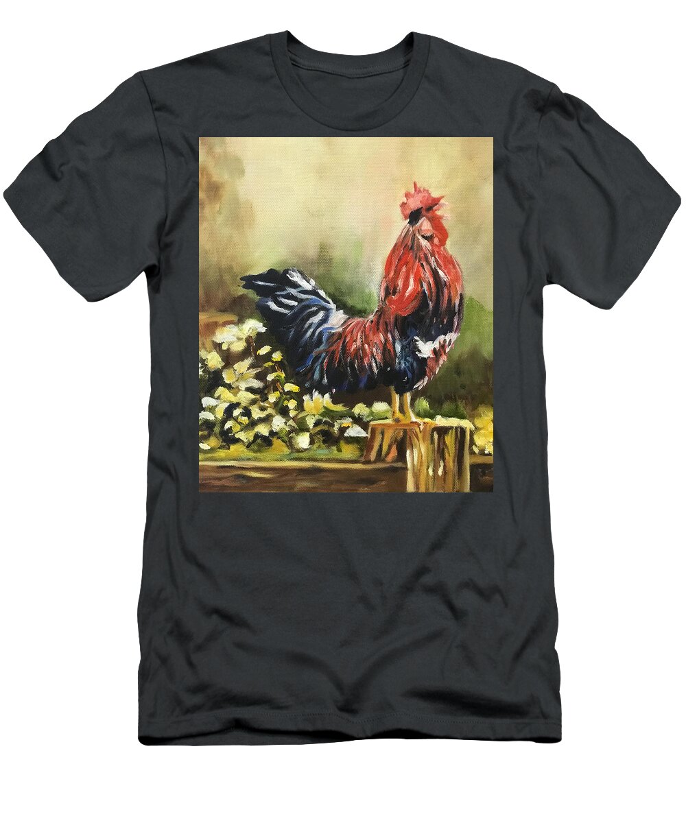 Colorful Rooster T-Shirt featuring the painting Rise and Shine by Juliette Becker