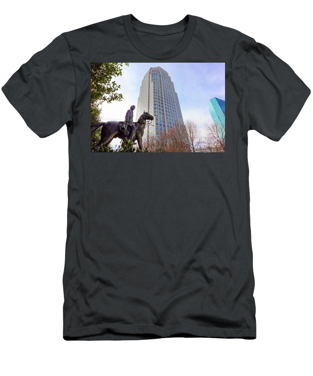 Winston Salem T-Shirt featuring the photograph RJ Reynolds Statue and Wells Fargo Building 0494 by Jack Schultz