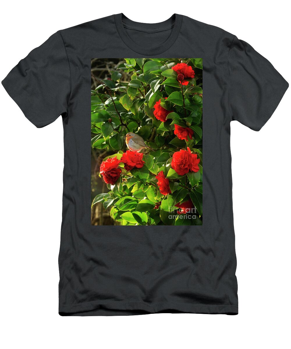 Robin T-Shirt featuring the photograph Robin in the Camellia by Terri Waters
