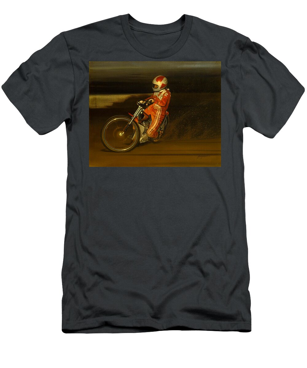 Speedway Motorcycle Rick Woods Costa Mesa T-Shirt featuring the painting Rocket Rick by Kenny Youngblood