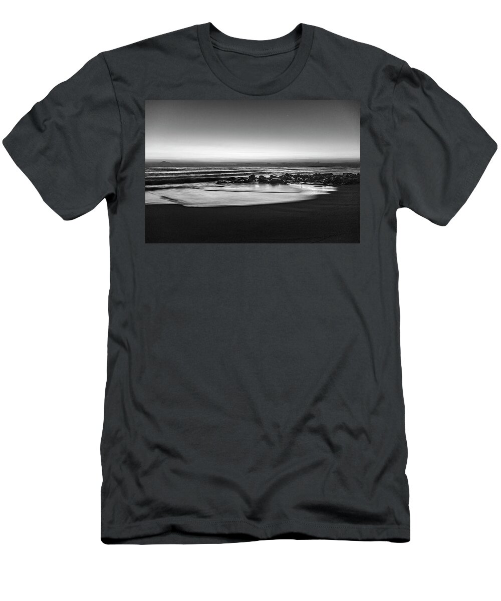 Birds T-Shirt featuring the photograph Rocky Beach at Dawn Black and White by Debra and Dave Vanderlaan