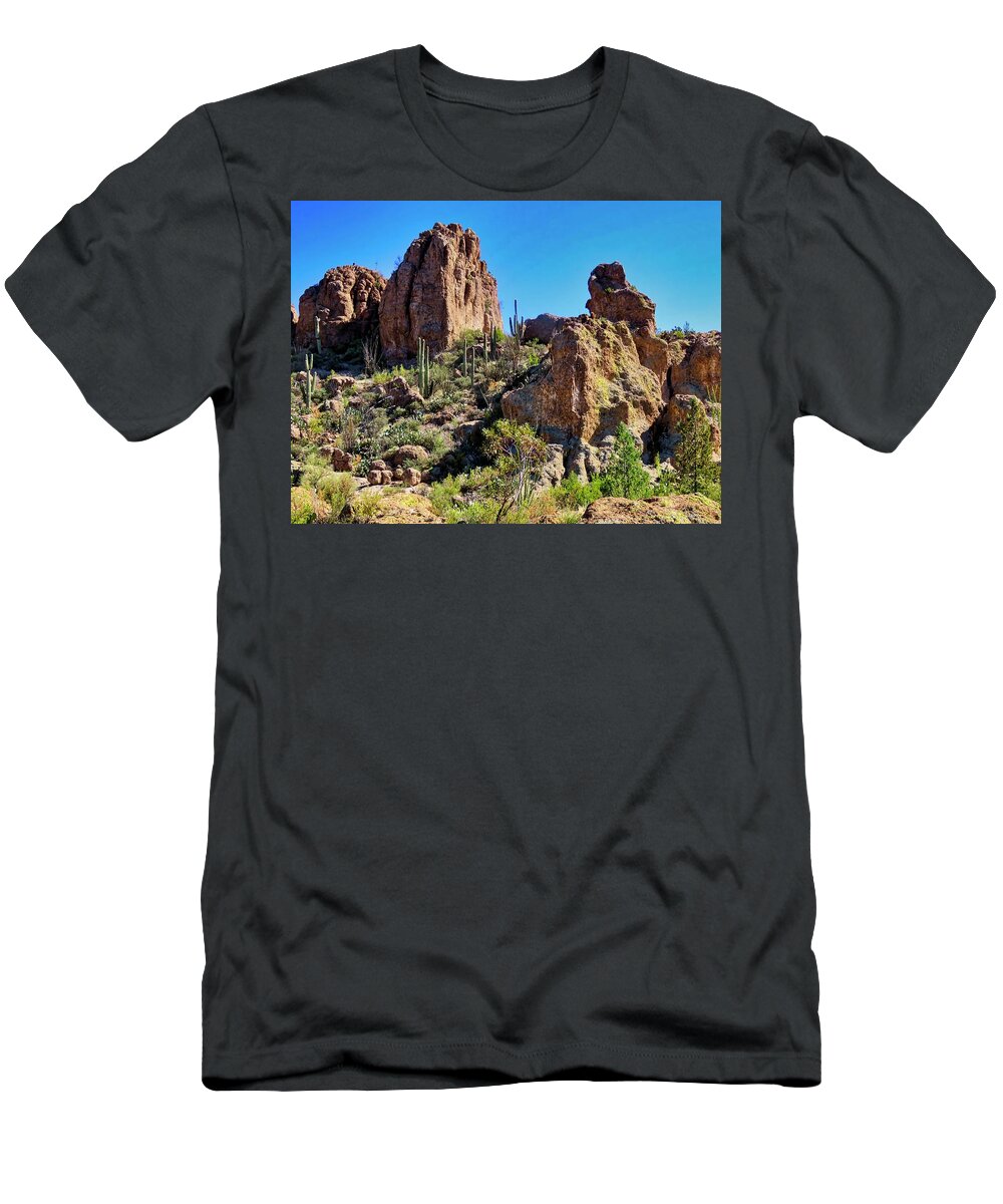 Arboretum T-Shirt featuring the photograph Rocky HIghrises in the Sonoran Desert by Judy Kennedy