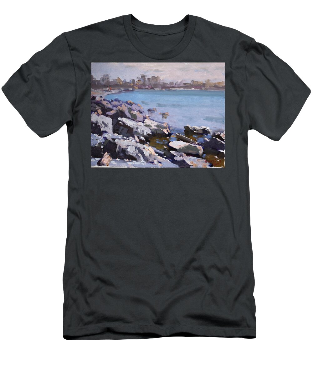 Lake Ontario T-Shirt featuring the painting Rocky Shore by Ylli Haruni