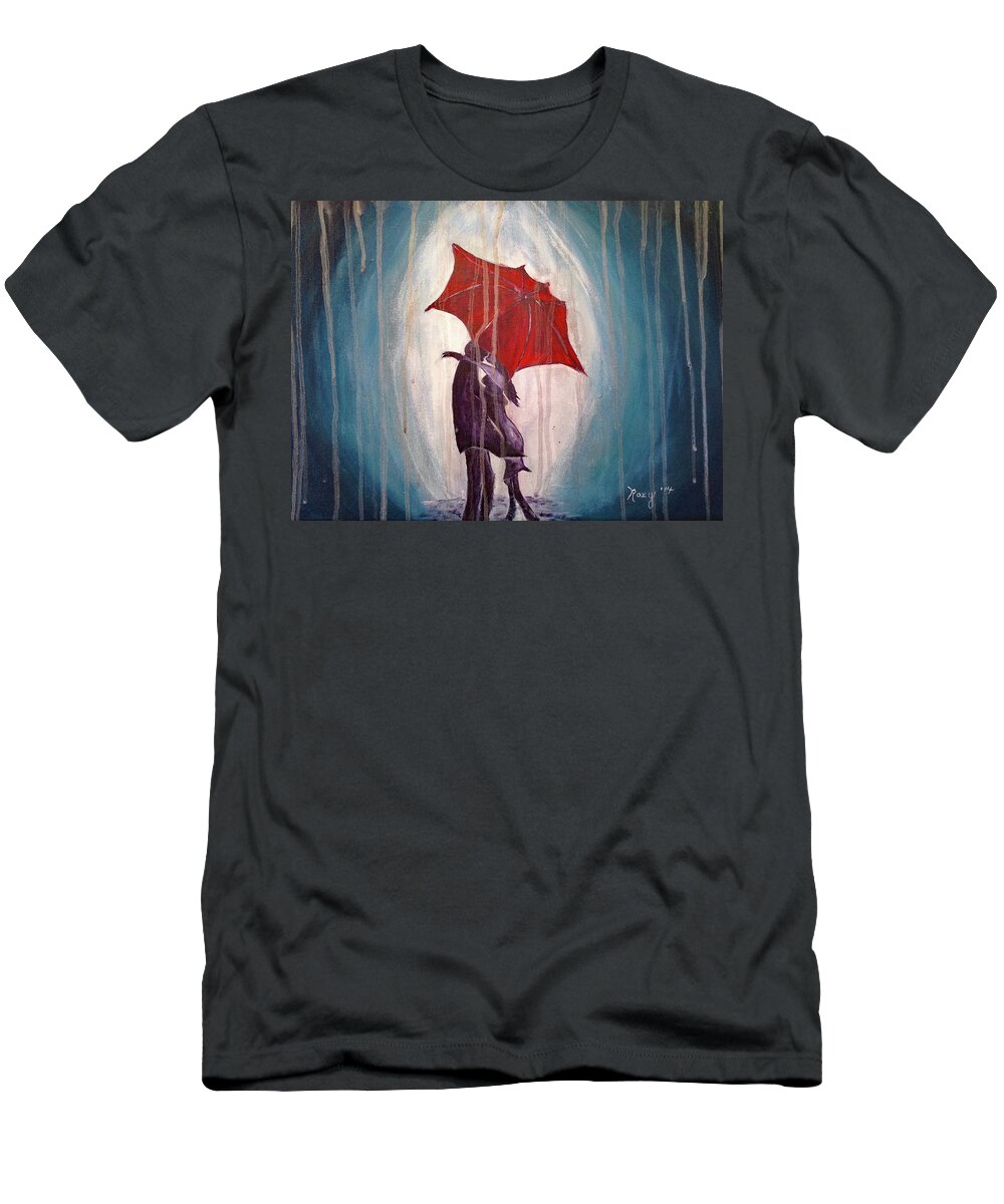 Romantic Couple T-Shirt featuring the painting Romantic Couple under Umbrella by Roxy Rich